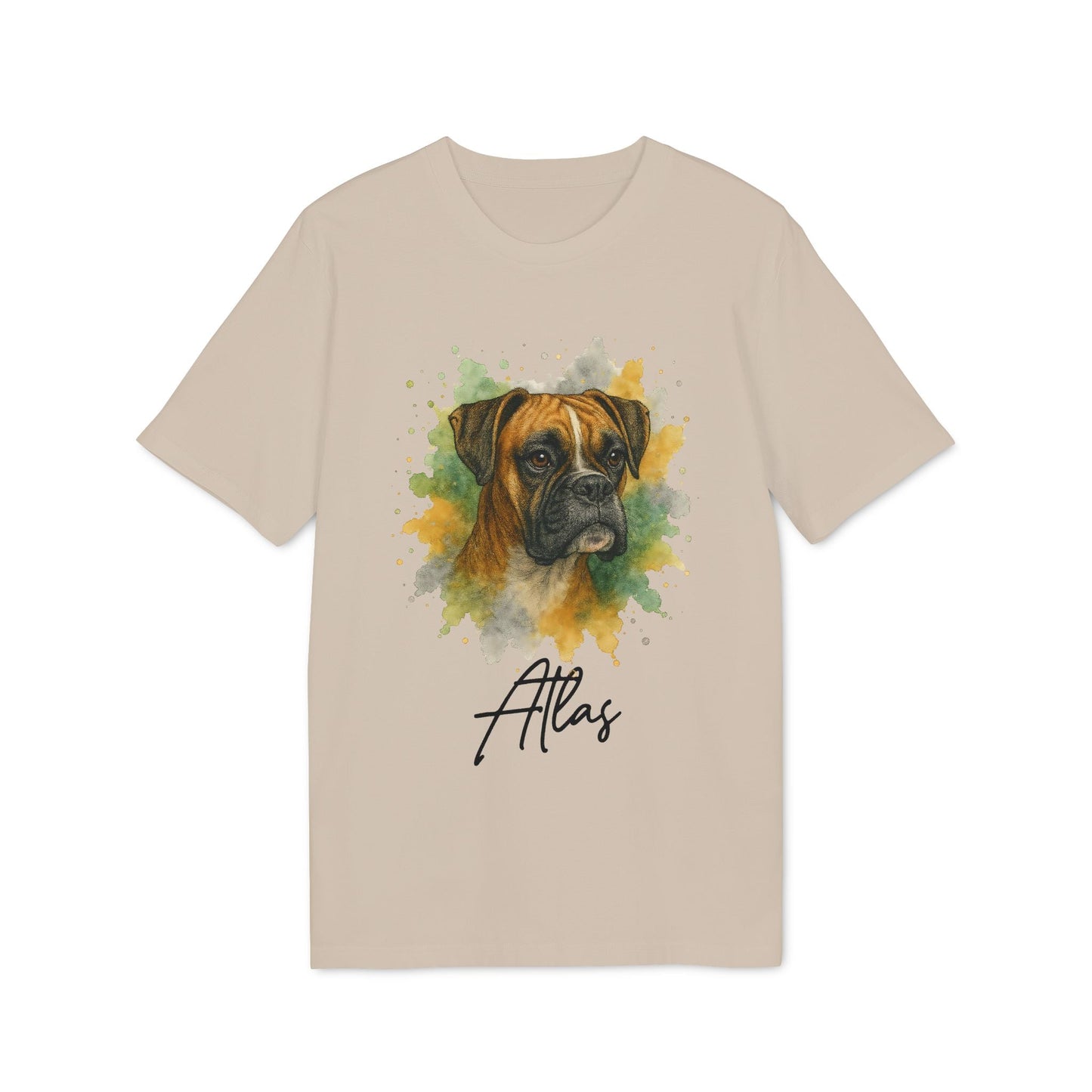 Alt Tag: Boxer Personalized Dog 100% Organic Cotton T-Shirt beige tee with watercolor boxer dog portrait and personalized name print