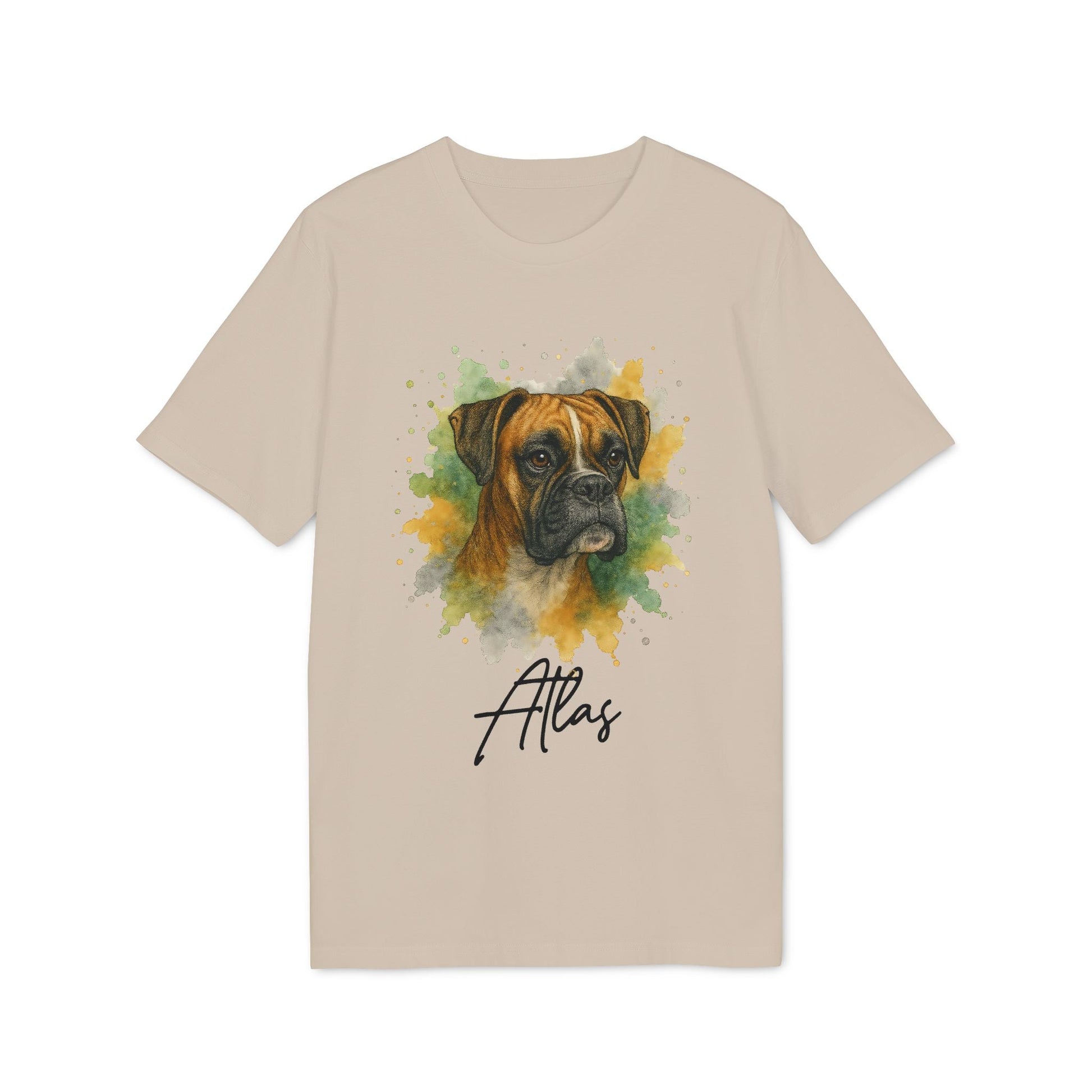 Alt Tag: Boxer Personalized Dog 100% Organic Cotton T-Shirt beige tee with watercolor boxer dog portrait and personalized name print
