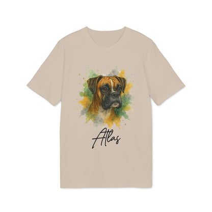 Alt Tag: Boxer Personalized Dog 100% Organic Cotton T-Shirt beige tee with watercolor boxer dog portrait and personalized name print