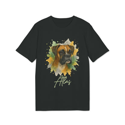 Alt Tag: Boxer Personalized Dog 100% Organic Cotton T-Shirt black tee with watercolor Boxer portrait and name "Atlas"