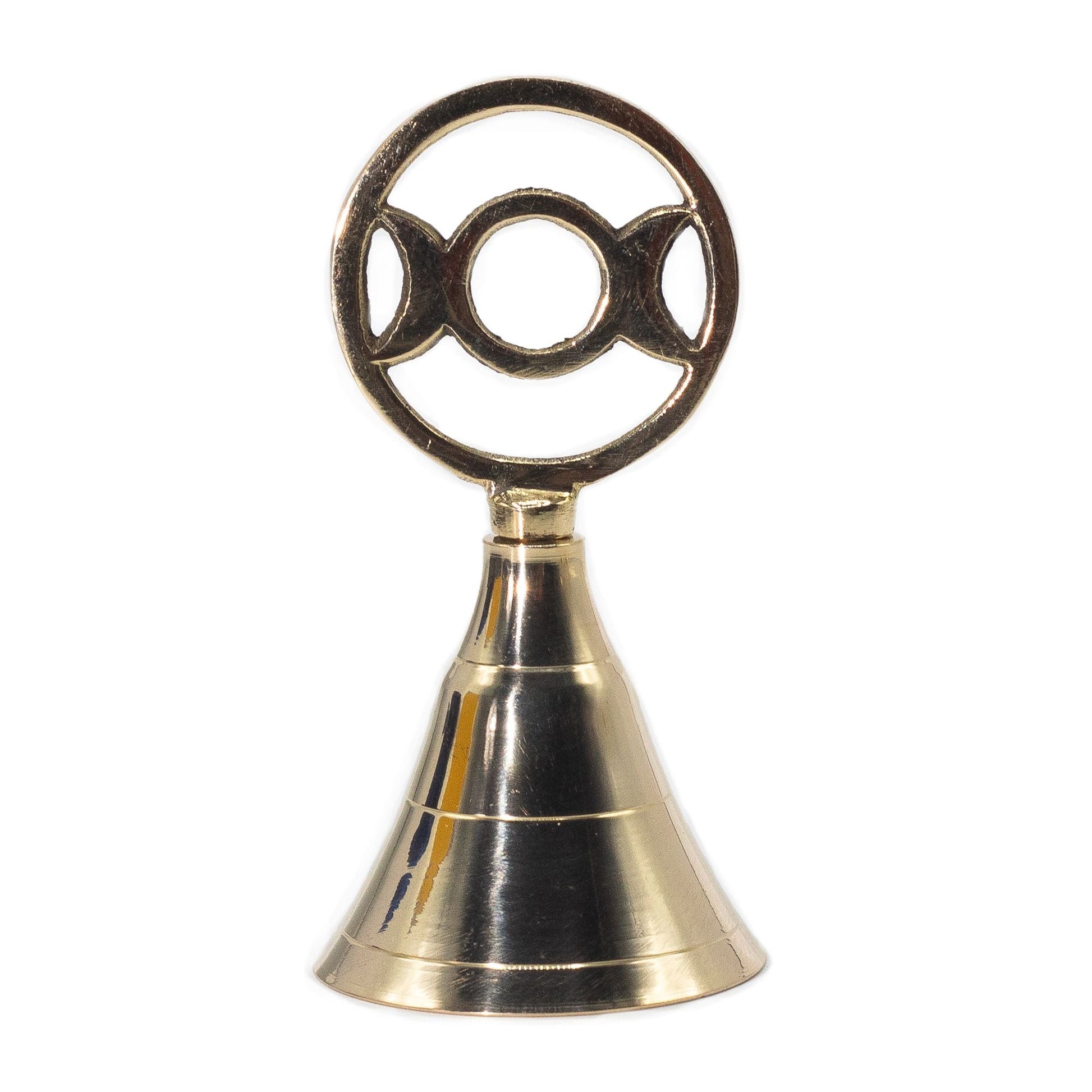Alt Tag: Campana de altar de latón – Campana de altar de latón Triple Moon con asa con símbolo de triple luna, 10.5 cm de alto, acabado en latón macizo