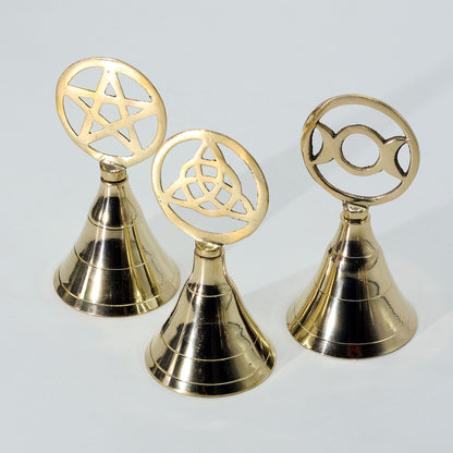 Alt Tag: Brass Altar Bell – Triquetra Symbol 10.5CM solid brass altar bell with Triquetra emblem, handcrafted ritual bell 10.5 cm