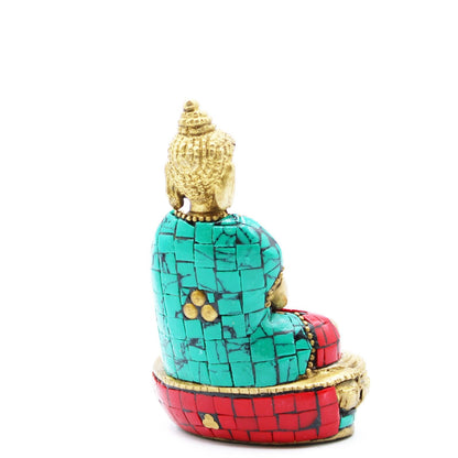 Brass Amitabha Buddha Figure – 9.5 CM, brass statue with turquoise and red mosaic inlay, rear view