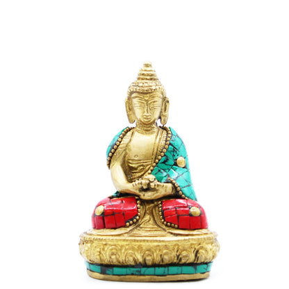Brass Amitabha Buddha Figure – 9.5 CM, statue de latón con incrustaciones turquesa y rojas, sentada en base decorativa