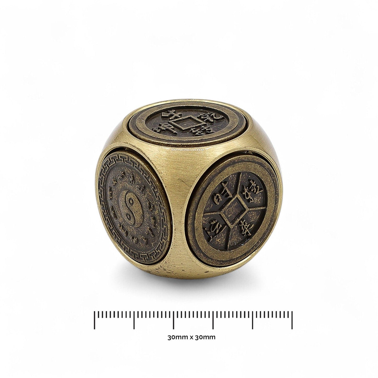 Alt Tag: Brass Ancient Fortune Spinner – 3x3 CM Zodiac Emblems, handcrafted brass spinner cube with zodiac and yin-yang emblems, 30mm
