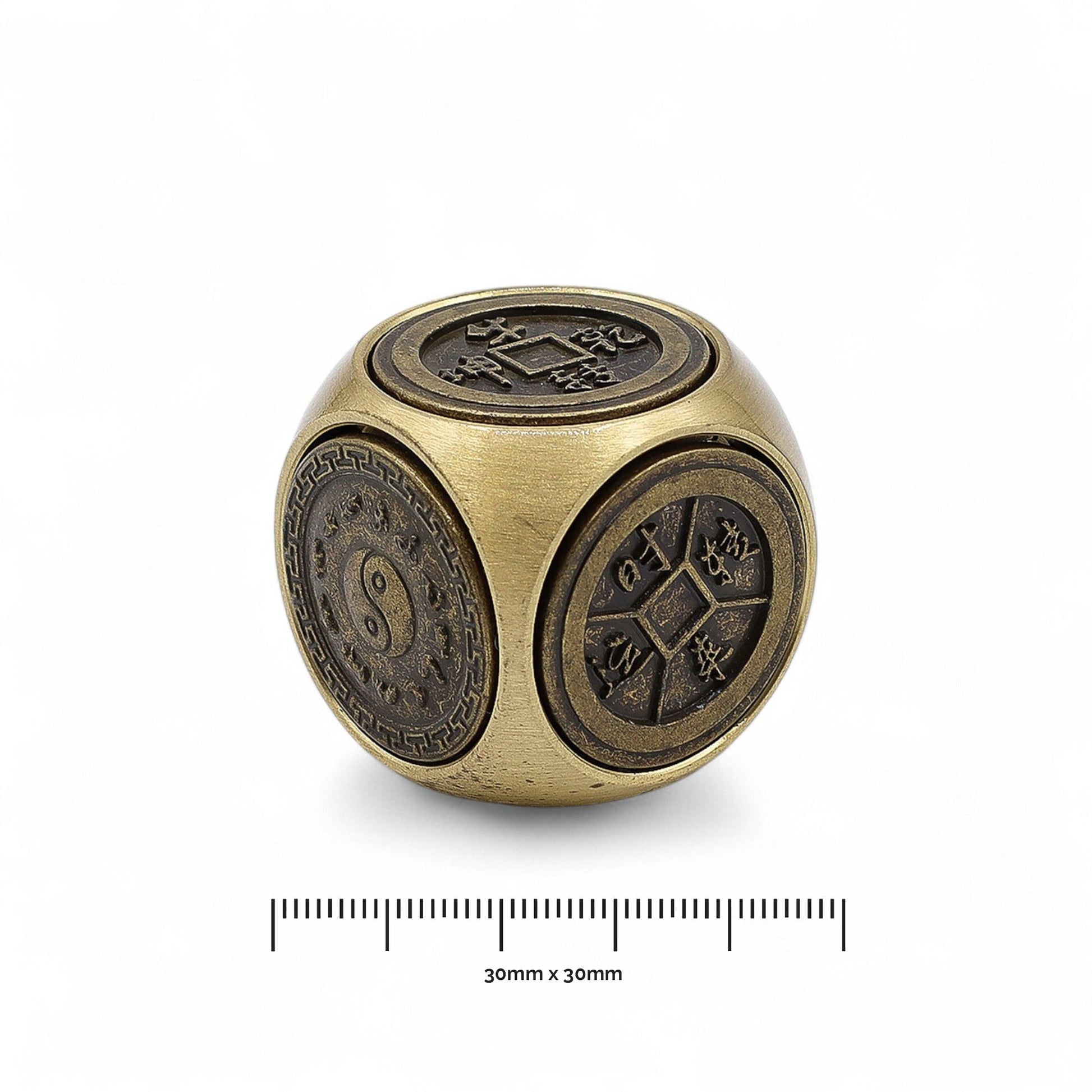 Alt Tag: Brass Ancient Fortune Spinner – 3x3 CM Zodiac Emblems, handcrafted brass spinner cube with zodiac and yin-yang emblems, 30mm