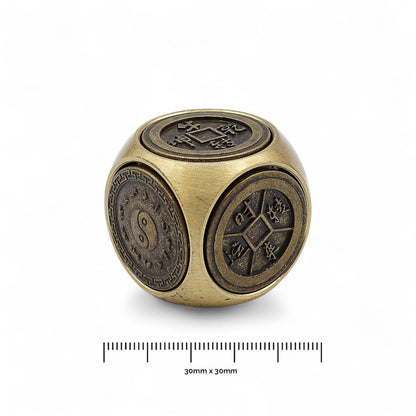 Alt Tag: Brass Ancient Fortune Spinner – 3x3 CM Zodiac Emblems, handcrafted brass spinner cube with zodiac and yin-yang emblems, 30mm