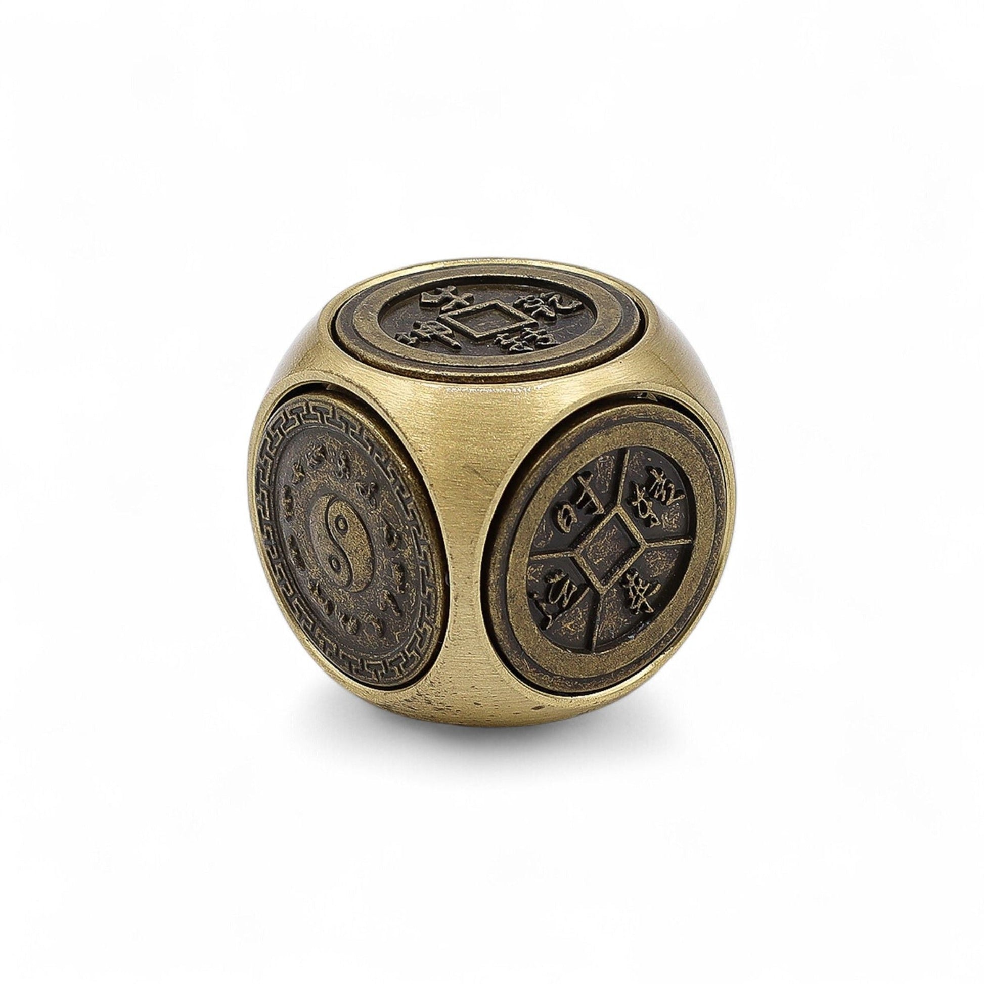 Brass Ancient Fortune Spinner – 3x3 CM Zodiac Emblems brass cube spinner with engraved zodiac medallions, studio product photo
