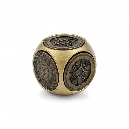 Brass Ancient Fortune Spinner – 3x3 CM Zodiac Emblems brass cube spinner with engraved zodiac medallions, studio product photo