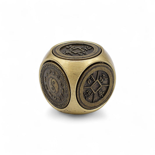 Brass Ancient Fortune Spinner – 3x3 CM Zodiac Emblems brass cube spinner with engraved zodiac medallions, studio product photo