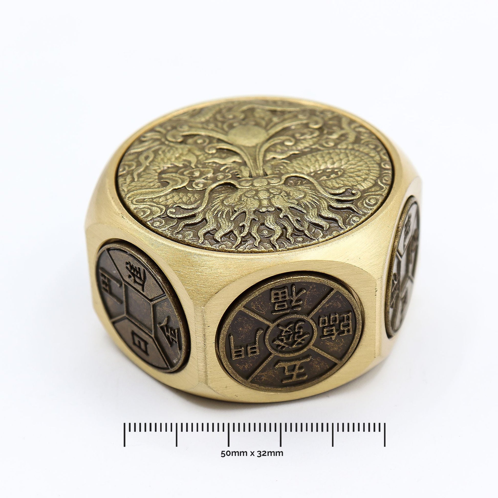 Brass Ancient Fortune Spinner – 5x3.2 CM solid brass dragon-engraved spinner with Chinese symbols, rounded edges, 50mm x 32mm