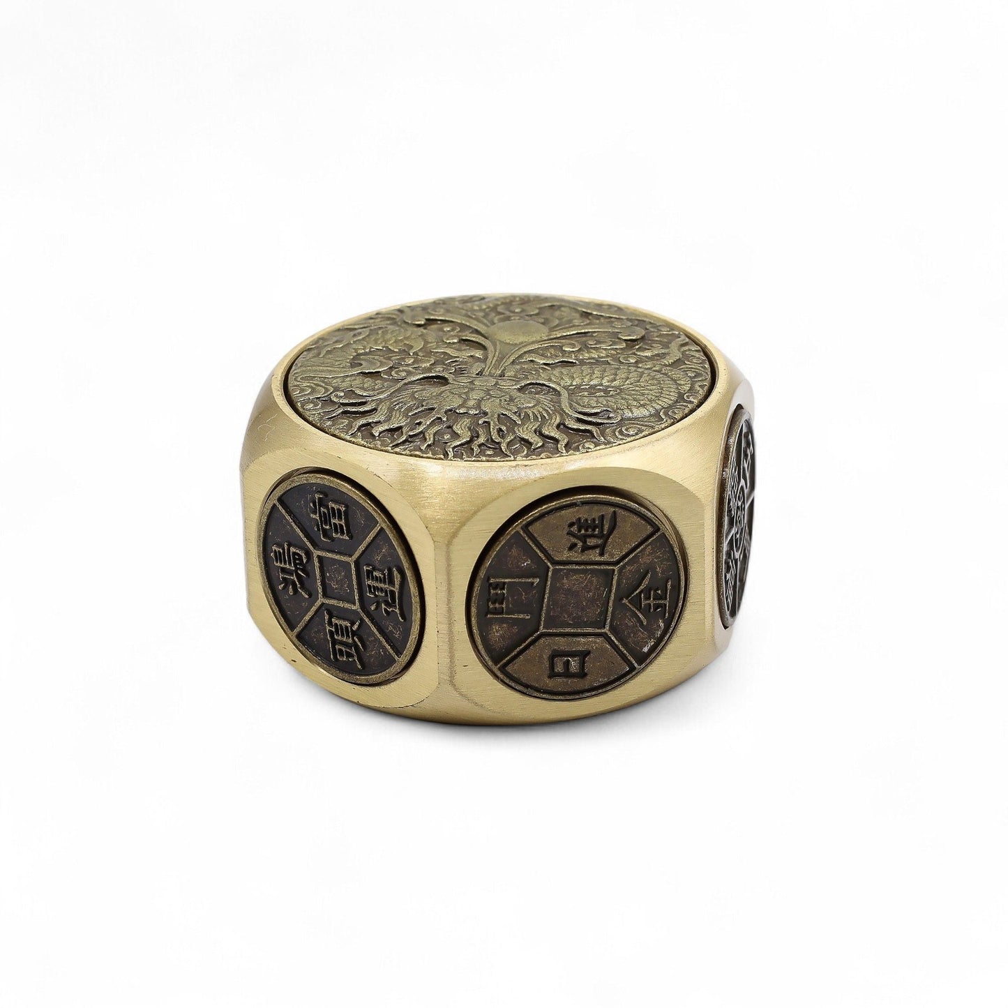Brass Ancient Fortune Spinner – 5x3.2 CM solid brass dragon-engraved spinner with rounded edges, hexagonal design, close-up
