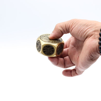 Alt Tag: Hand holding Brass Ancient Fortune Spinner – 5x3.2 CM solid brass dragon-engraved fidget spinner with rounded edges
