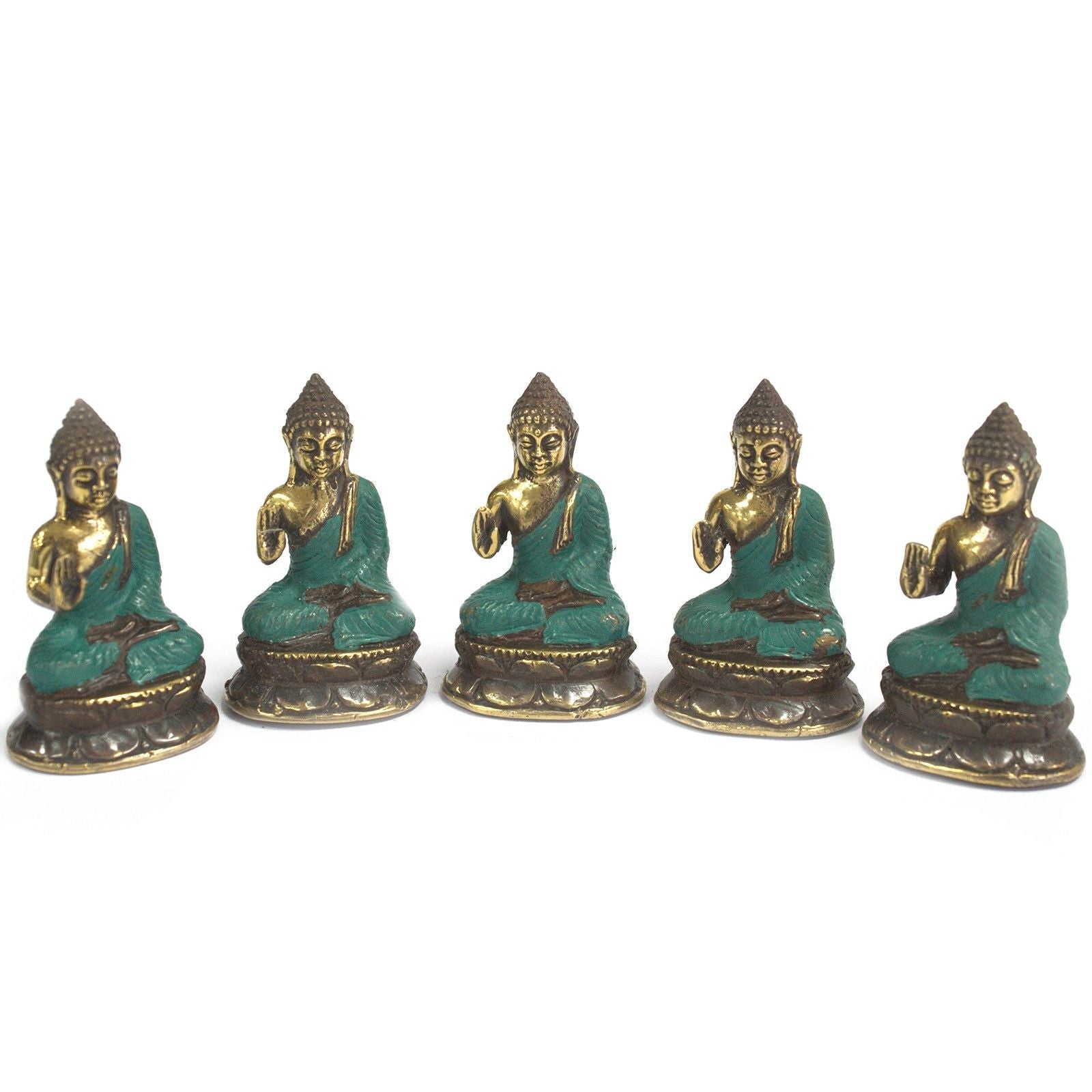 Brass Buddha Feng Shui Statue – 6x4 CM set of five small brass Buddha figurines with turquoise robes, seated meditation pose
