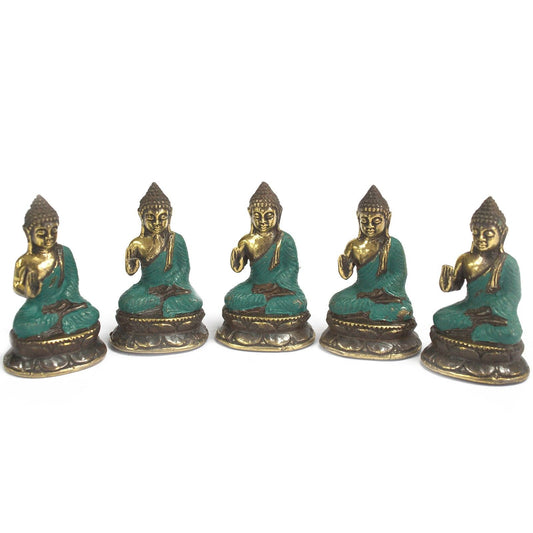 Messing-Buddha-Feng-Shui-Statue – 6x4 CM, Set mit fünf kleinen Messing-Buddha-Figuren mit türkisfarbenen Gewändern, in Meditationshaltung sitzend