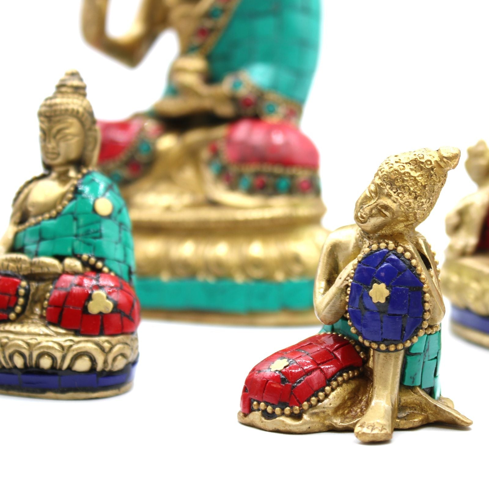 Brass Buddha Figure – Large Head 11.5 CM brass Buddha statues with turquoise, red and blue howlite stone inlay on white background