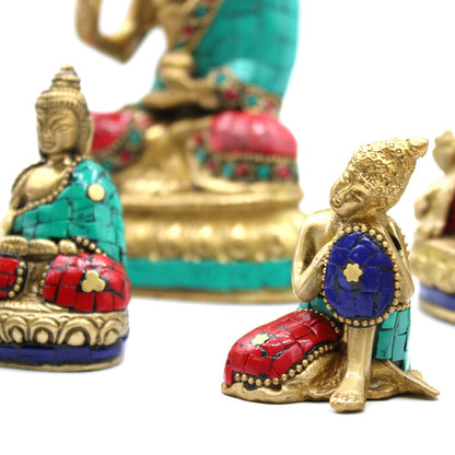 Brass Buddha Figure – Large Head 11.5 CM brass Buddha statues with turquoise, red and blue howlite stone inlay on white background