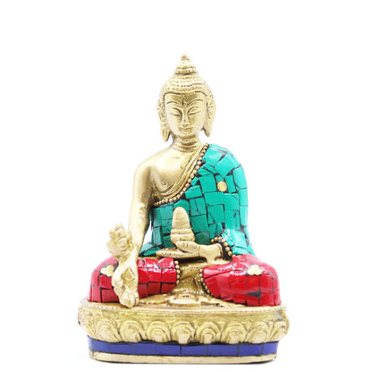 Buddhafigur i mässing – Hands Down – 11,5 CM handgjord Buddha-staty i mässing med howlite-inlägg, turkos och röd dräktmosaik