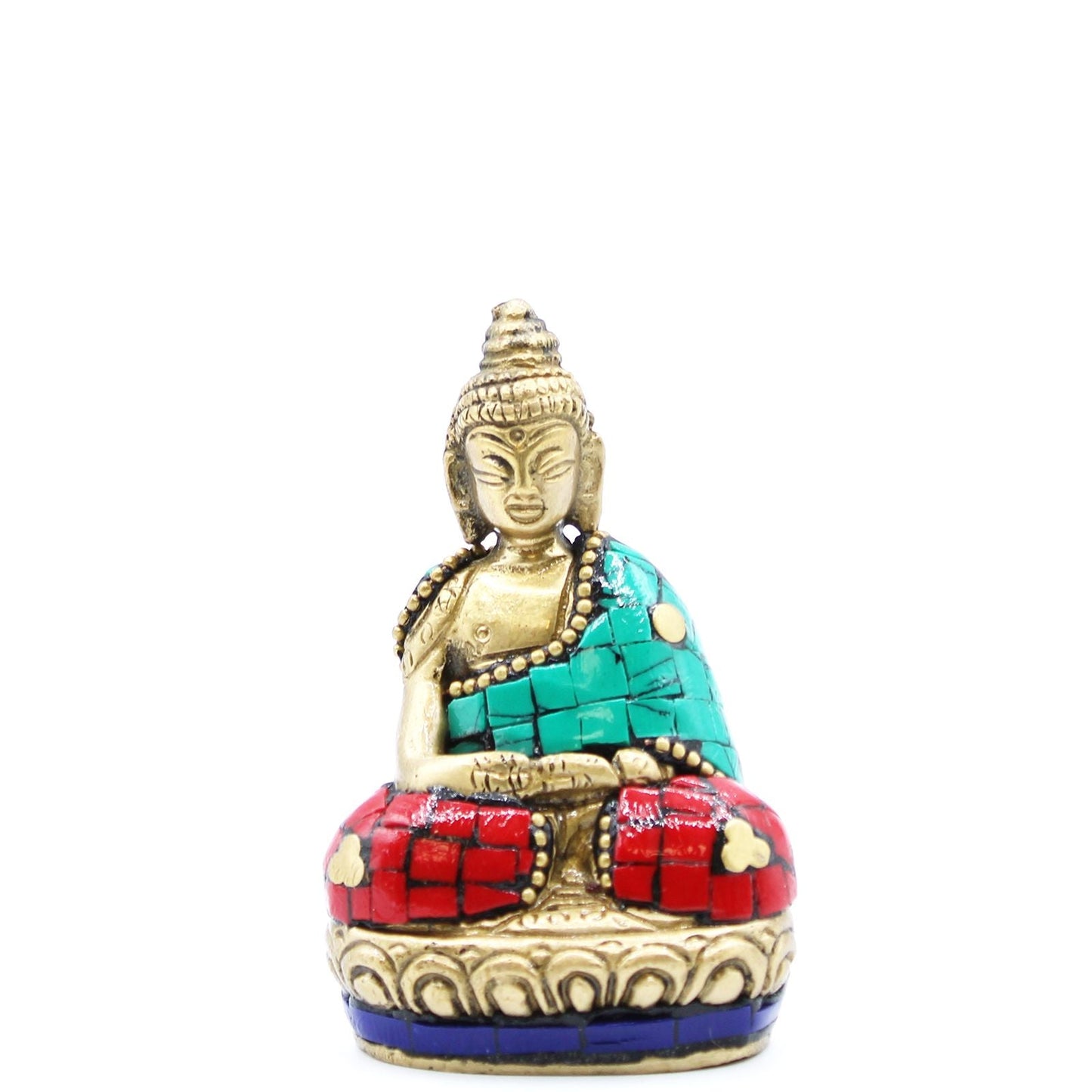 Alt Tag: Brass Buddha Figure – Hands Up – 7.5 CM handcrafted brass Buddha statue with howlite stones, turquoise and red accents