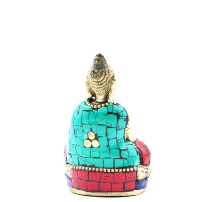 Brass Buddha Figure – Hands Up – 7.5 CM, brass Buddha statue with turquoise and red mosaic in seated pose, rear view