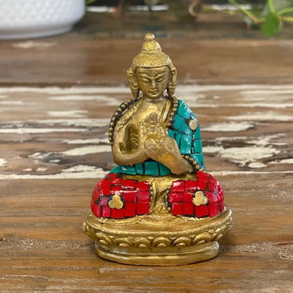 Alt Tag: Brass Buddha Figure – Hands Up – 7.5 CM handcrafted brass statue with turquoise and red howlite stone accents, seated on base
