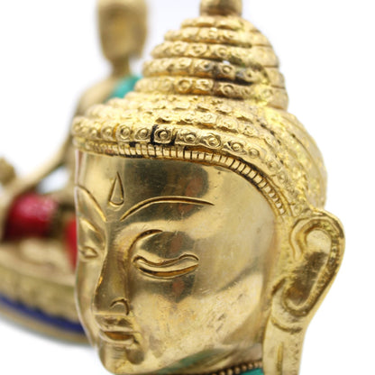 Brass Buddha Figure – Large Head 11.5 CM close-up of brass Buddha face with detailed headdress and serene expression
