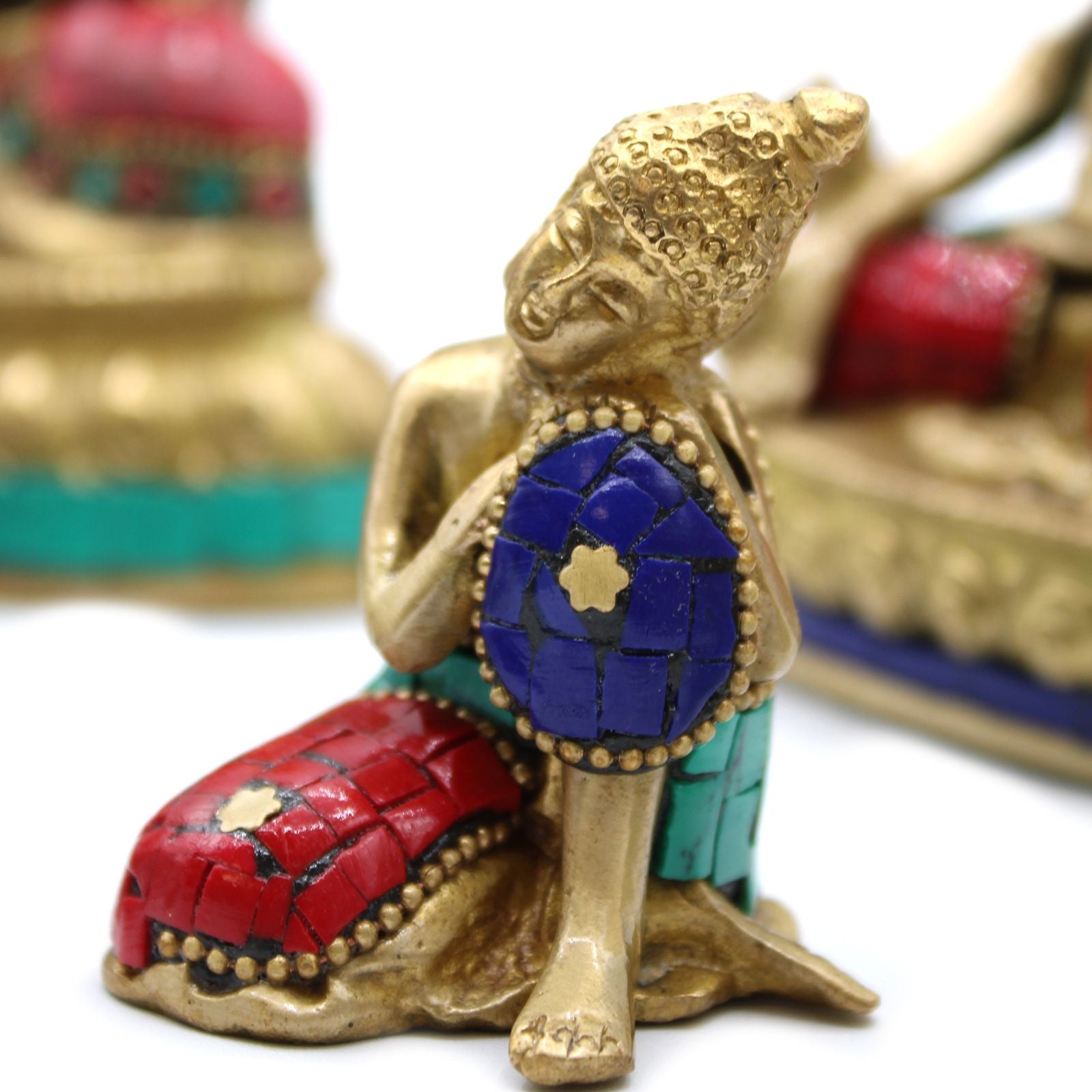 Brass Buddha Figure – Large Head 11.5 CM brass Buddha statue with howlite stone mosaic, reclining pose with blue red turquoise accents