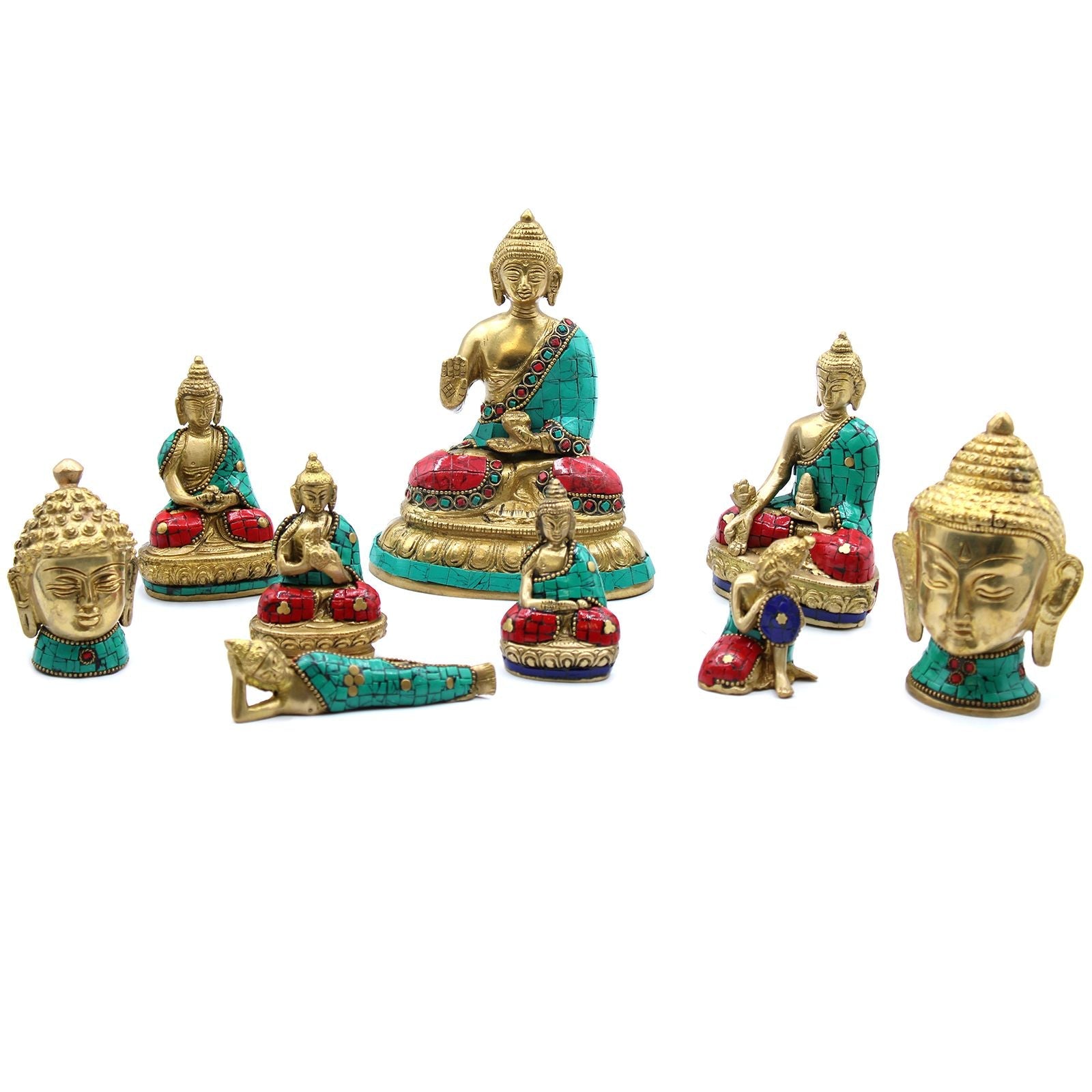 Alt Tag: Brass Buddha Figure – Large Head 11.5 CM brass Buddha statue with turquoise and red stone inlay, seated meditation decor