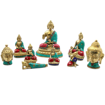 Alt Tag: Brass Buddha Figure – Large Head 11.5 CM brass Buddha statue with turquoise and red stone inlay, seated meditation decor