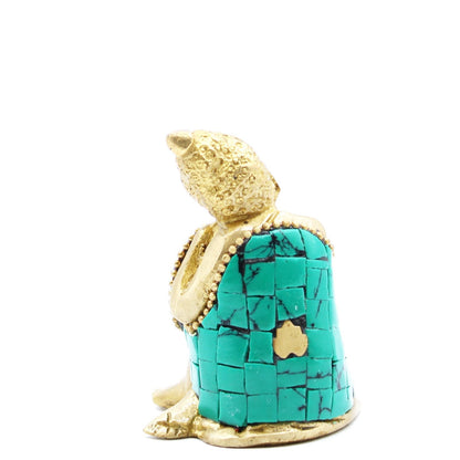 Brass Buddha Figure – Large Head 11.5 CM brass Buddha statue with turquoise howlite stone inlay, side view