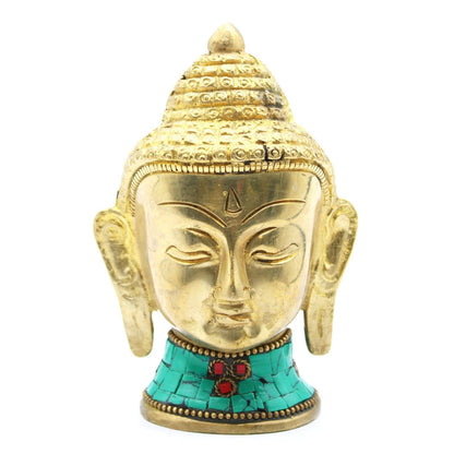 Brass Buddha Figure – Large Head 11.5 CM brass Buddha head statue with turquoise howlite stone inlay, front view