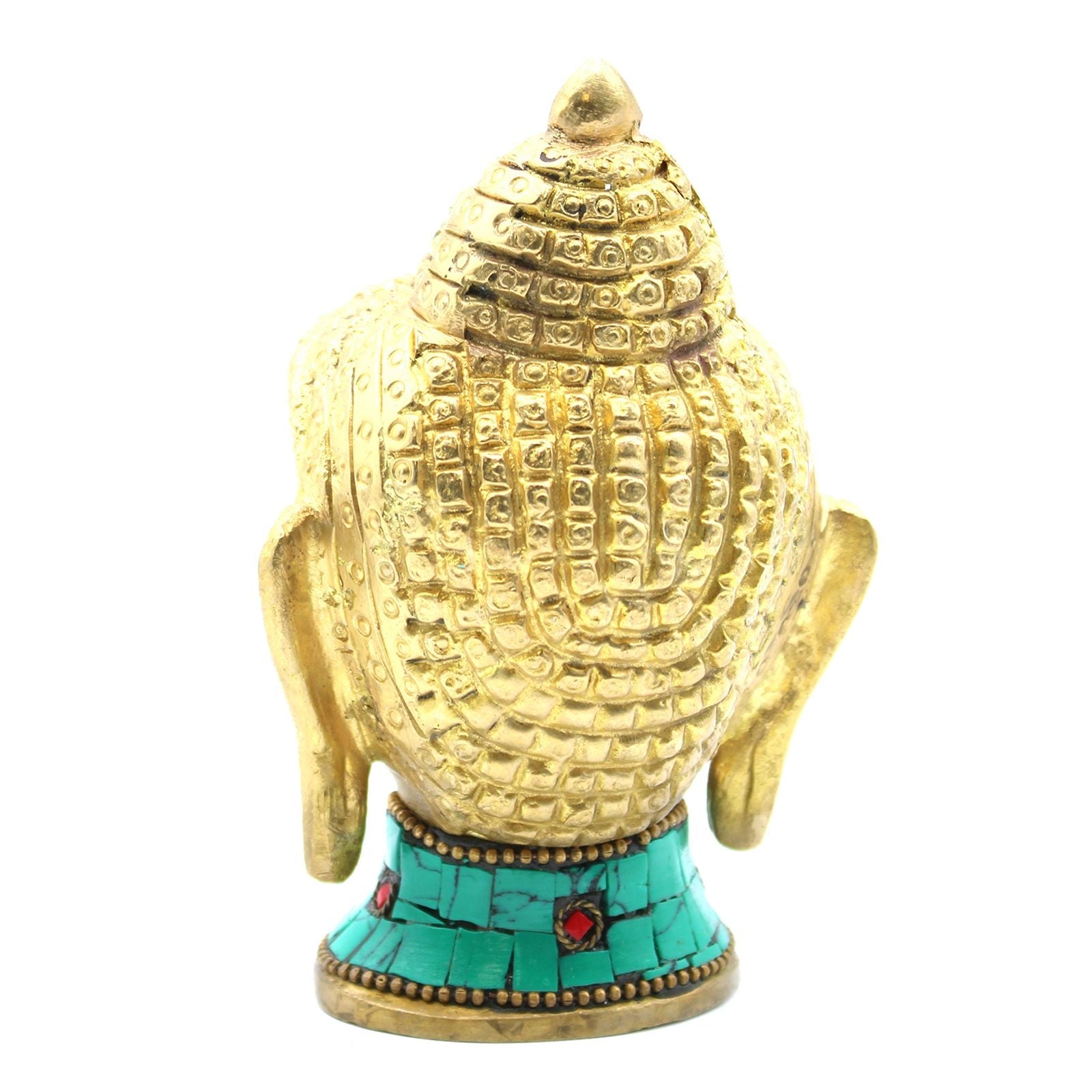 Brass Buddha Figure – Large Head 11.5 CM, brass Buddha head statue with turquoise howlite stone inlay, rear view