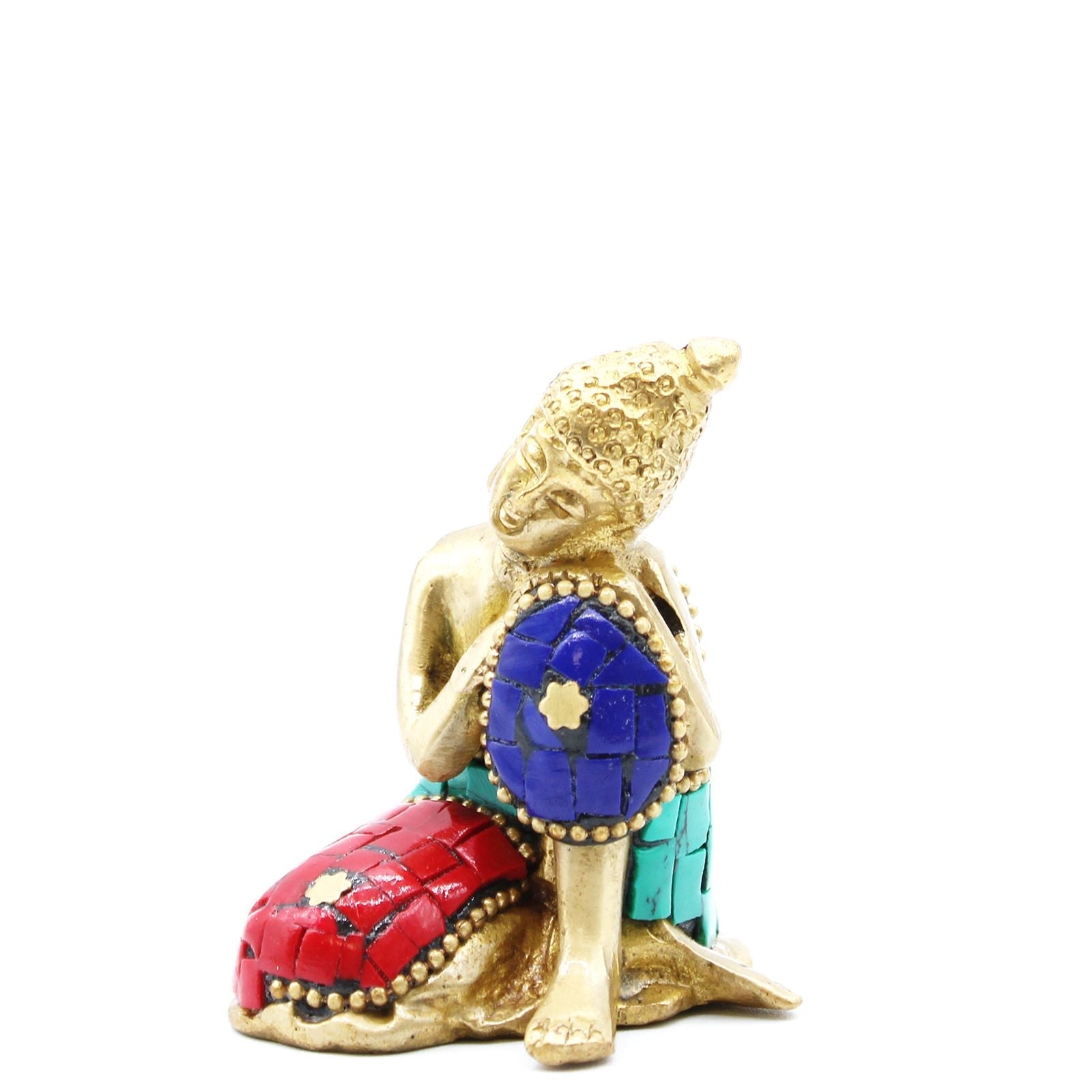 Alt Tag: Brass Buddha Figure – Large Head 11.5 CM brass Buddha statue with howlite stone inlays, seated decor figurine on white background