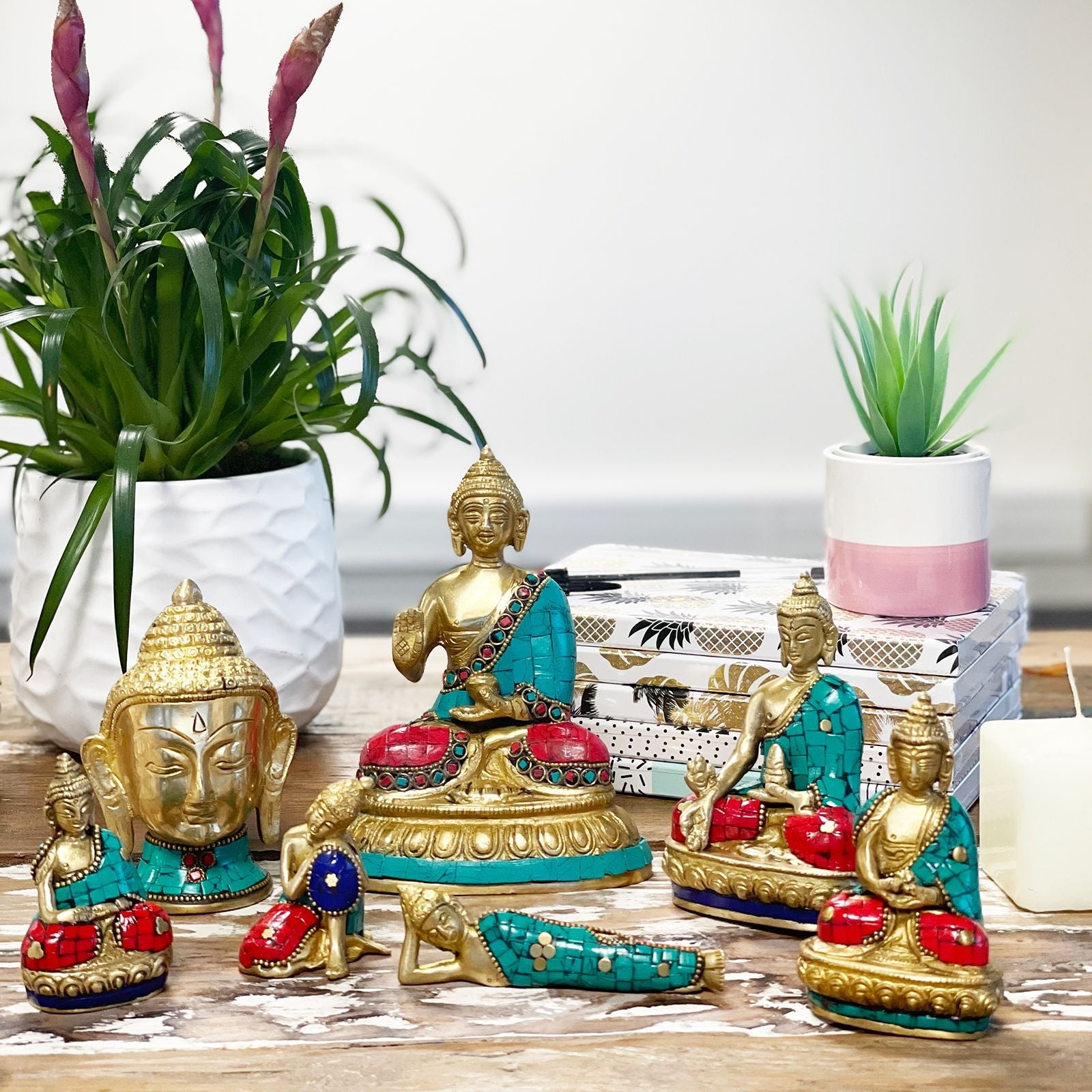 Brass Buddha Figure – Large Head 11.5 CM brass statue set with turquoise and red accents on tabletop home decor