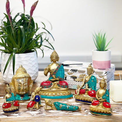 Brass Buddha Figure – Large Head 11.5 CM brass statue set with turquoise and red accents on tabletop home decor