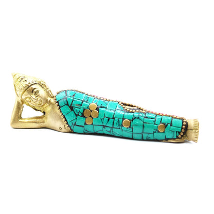 Brass Buddha Figure – Lying Down 10CM, figura de Buda en latón recostado con incrustaciones de piedras howlite turquesa, 10 cm