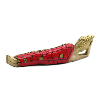 Brass Buddha Figure – Lying Down 10CM, brass reclining Buddha statue with red inlay stone mosaic, 10 cm decorative figurine