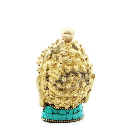 Brass Buddha Figure - Med Head - 8 cm, back view brass Buddha head statue with textured curls and turquoise-inlay base