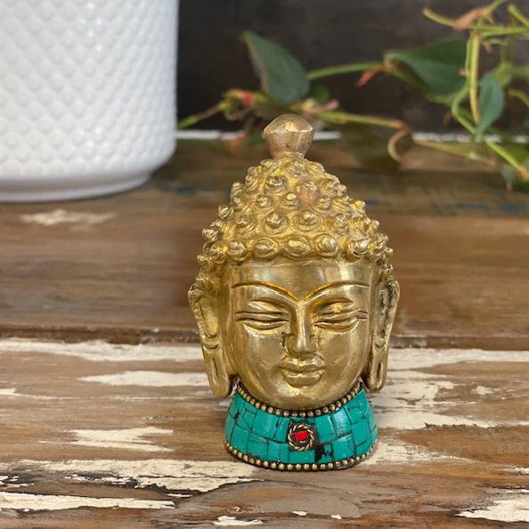 Alt Tag: Brass Buddha Figure - Med Head - 8 cm brass Buddha head figurine with turquoise base on rustic wooden table