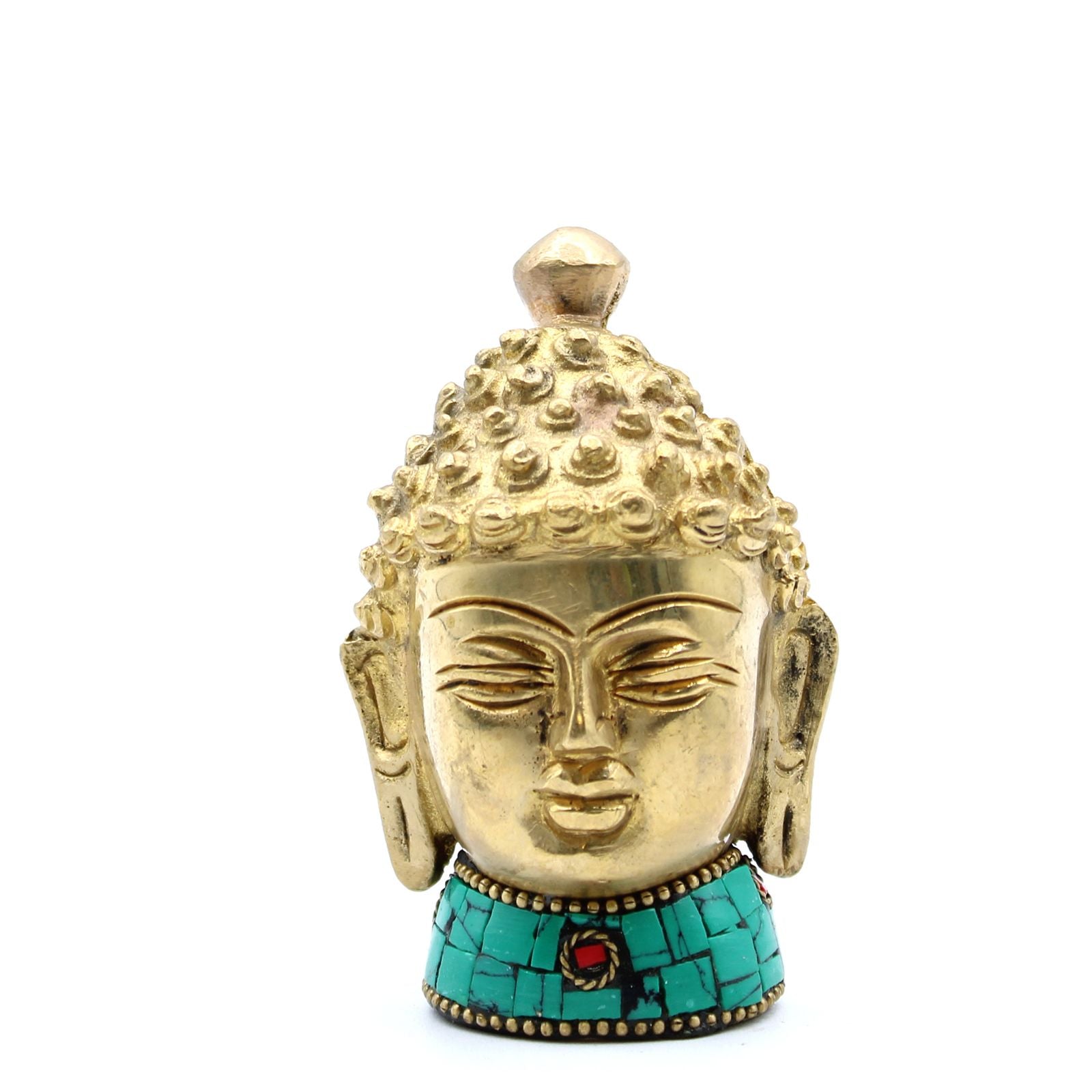 Alt Tag: Brass Buddha Figure - Med Head - 8 cm brass Buddha head statue with antique finish and turquoise inlay base, front view