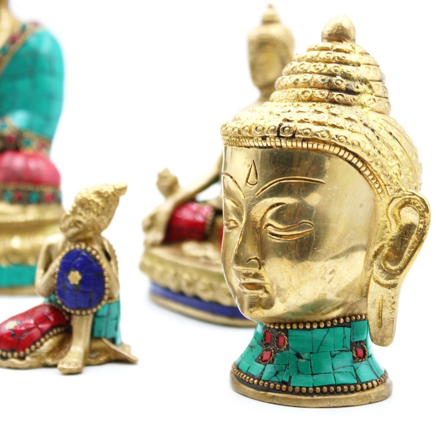 Alt Tag: Brass Buddha Figure - Med Head - 8 cm brass Buddha head sculpture with turquoise and red mosaic inlay, antique-style finish