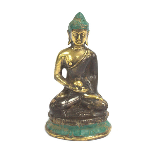 Alt-Tag: Buddha-Statue aus Messing – 10x5 CM handgefertigte sitzende Buddha-Figur aus Messing mit antiker Patina, Feng-Shui-Wohndeko