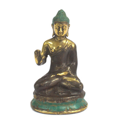 Estatua de Buda de latón – decoración Feng Shui de 10x5 CM, figura de Buda sentado de latón con la mano levantada, base con pátina verde