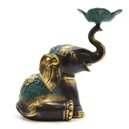 Alt Tag: Brass Elephant Candle Holder – 11x6.5x11 CM handcrafted brass elephant candle holder with raised trunk, teal and gold accents