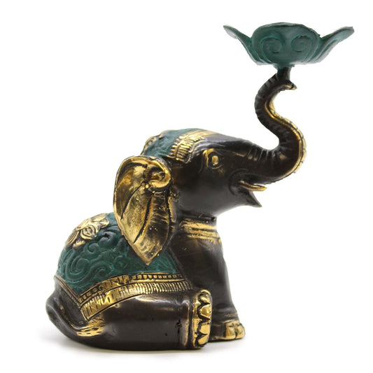 Alt Tag: Brass Elephant Candle Holder – 11x6.5x11 CM handcrafted brass elephant candle holder with raised trunk, teal and gold accents