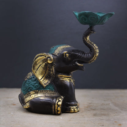 Brass Elephant Candle Holder – 11x6.5x11 CM handcrafted brass elephant holder with raised trunk dish for candle or incense