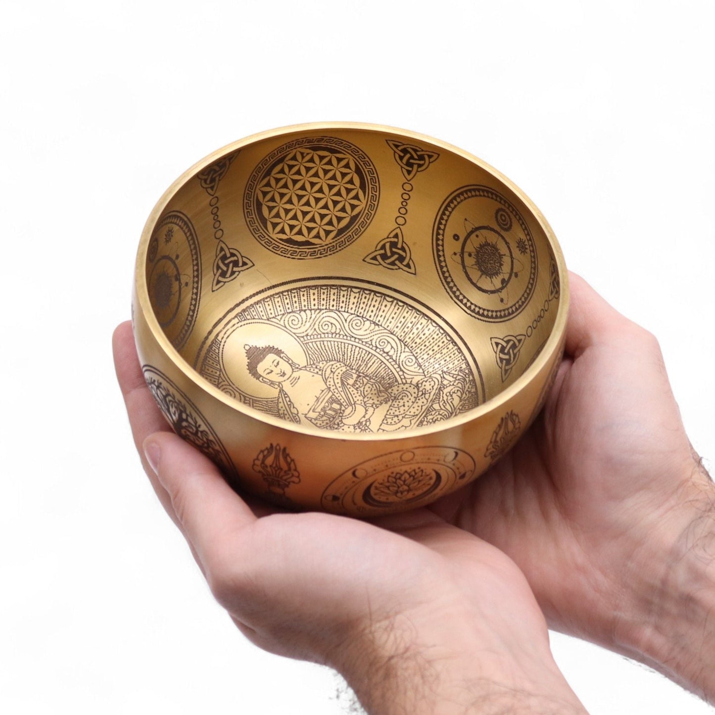 Mässingsetsade Buddha-sjungskålar – set med 4, 3,85 KG mässingskål i händerna, ingraverad Buddha och heliga motiv, gyllene finish