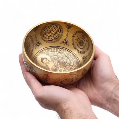 Mässingsetsade Buddha-sjungskålar – set med 4, 3,85 KG mässingskål i händerna, ingraverad Buddha och heliga motiv, gyllene finish