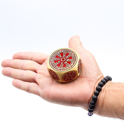 Brass Feng Shui Fortune Spinner – 5x3.2 CM brass spinner with Chinese coin symbols and calendar design held in hand