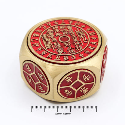 Alt Tag: Brass Feng Shui Fortune Spinner – 5x3.2 CM, brass spinner with red Chinese coin symbols and calendar design, 50mm x 32mm